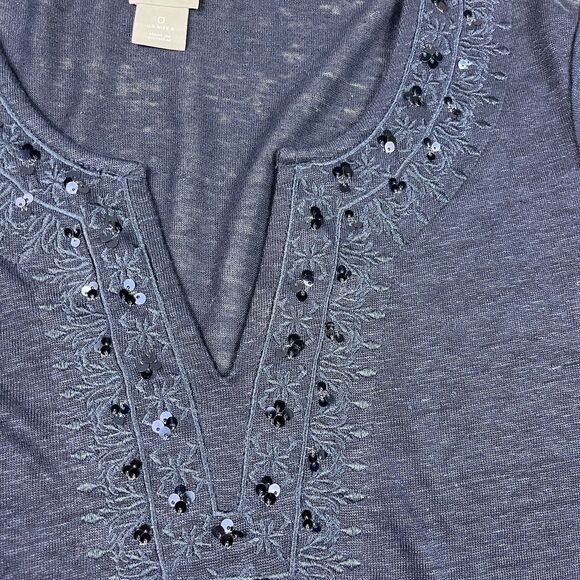 Chicos Linen Knit Tunic Top Navy Blue 3/4 Sleeve Embroidered Sequin Boho 0 SMALL - Picture 4 of 11